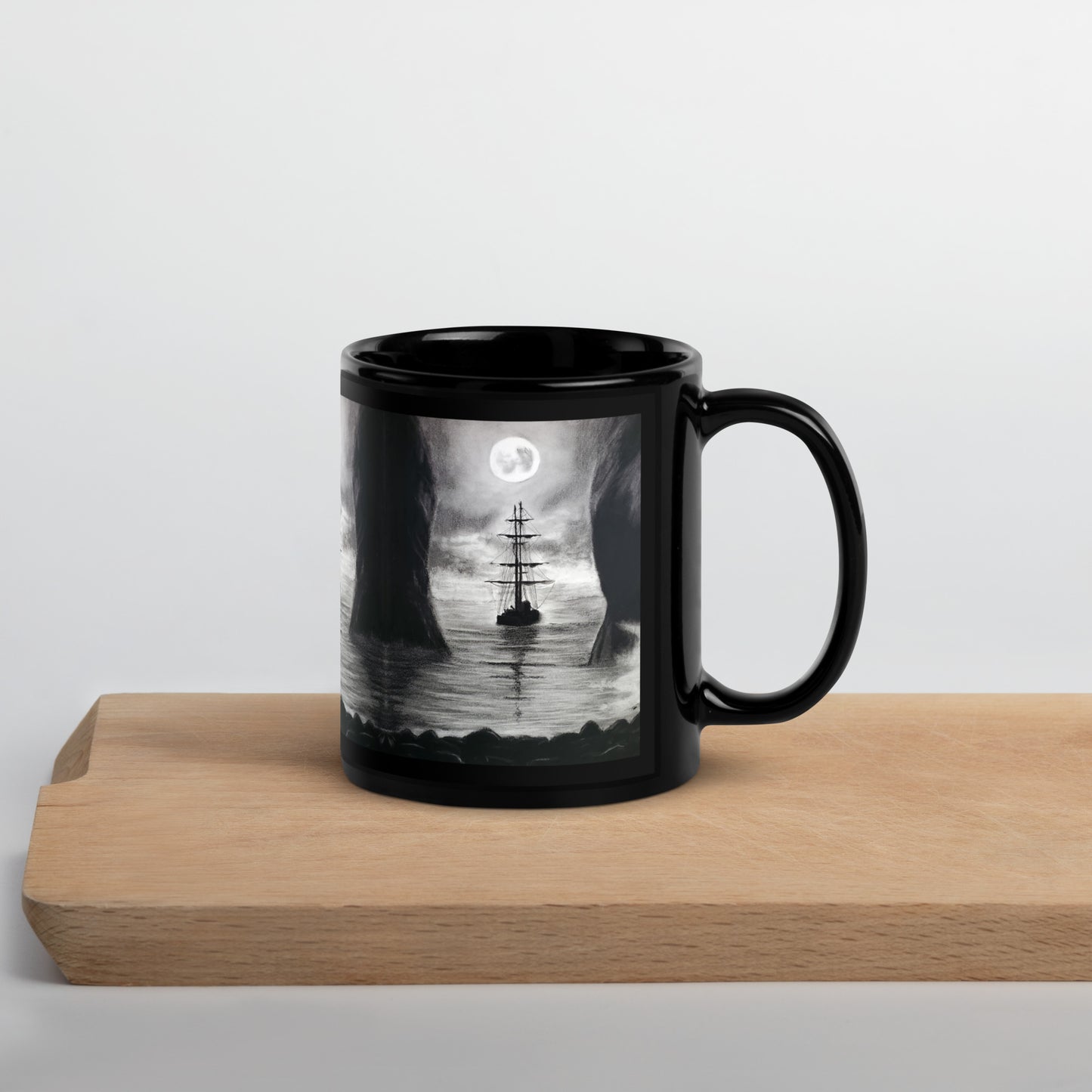 Spooky Pirate Ship Black Glossy Mug