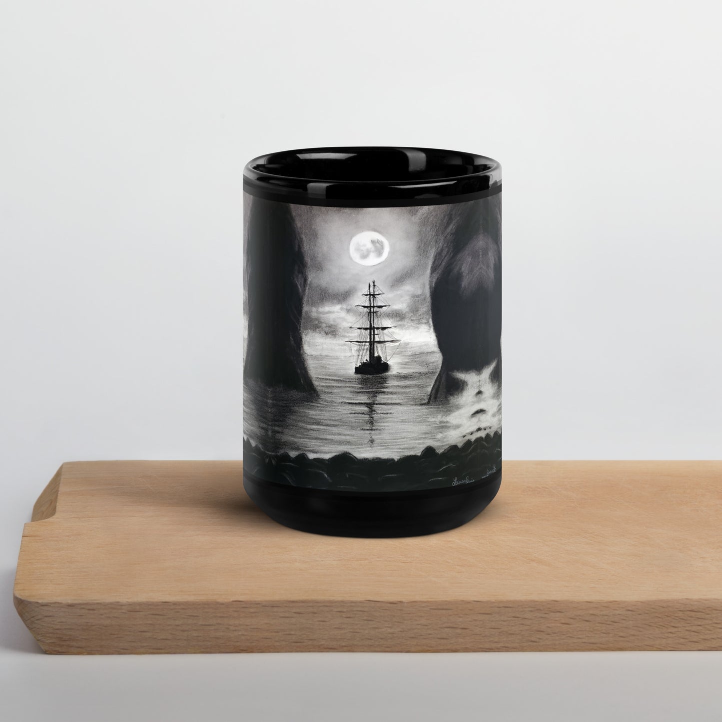 Spooky Pirate Ship Black Glossy Mug