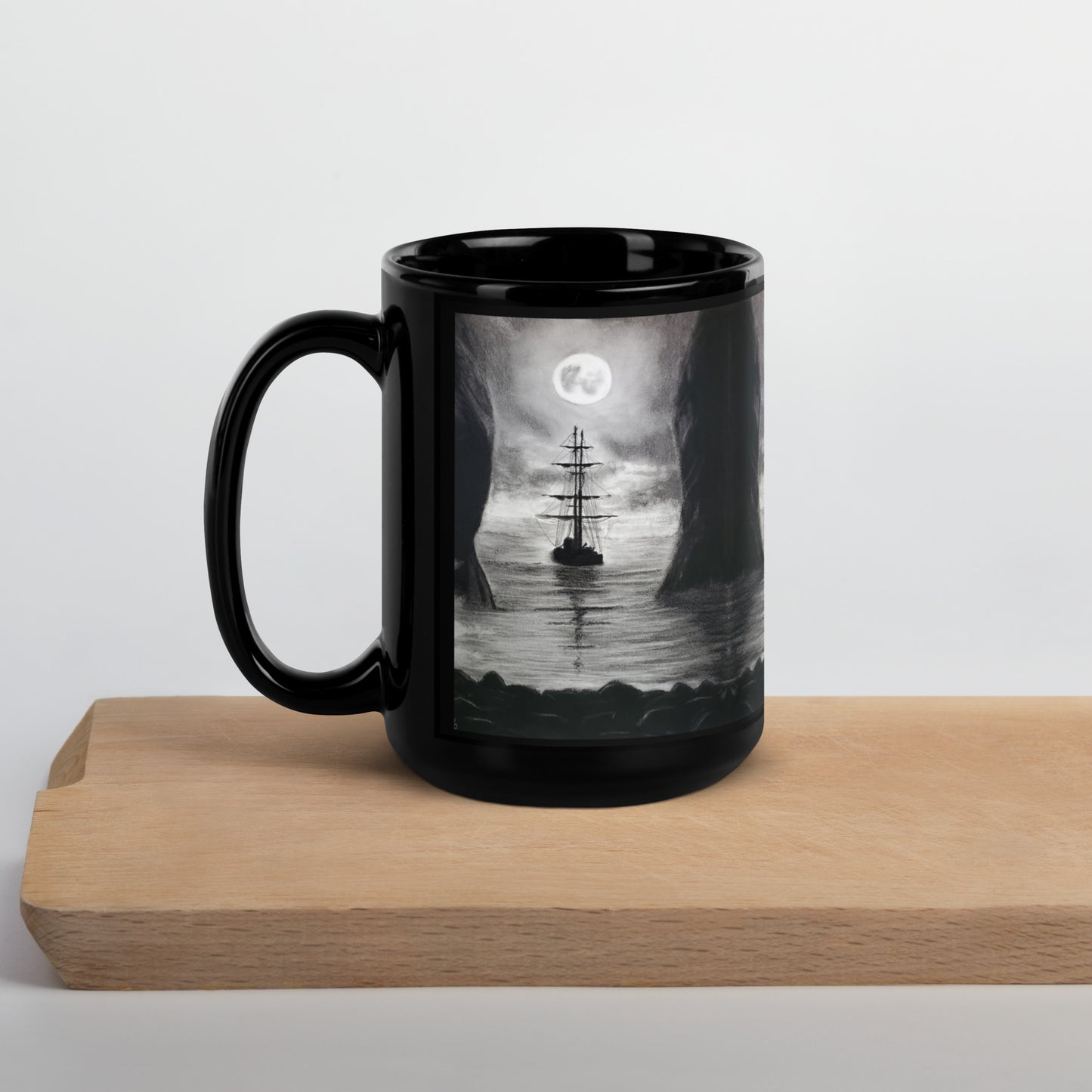 Spooky Pirate Ship Black Glossy Mug