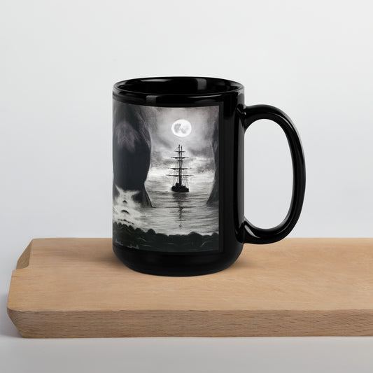 Spooky Pirate Ship Black Glossy Mug