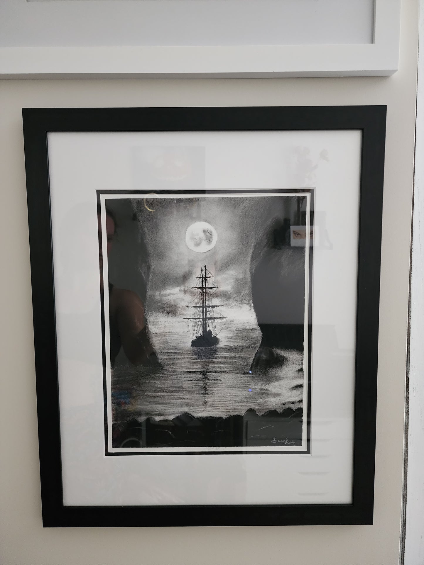 Spooky Pirate Ship Original Charcoal Drawing