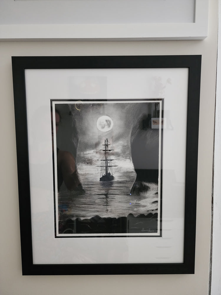 Spooky Pirate Ship Original Charcoal Drawing