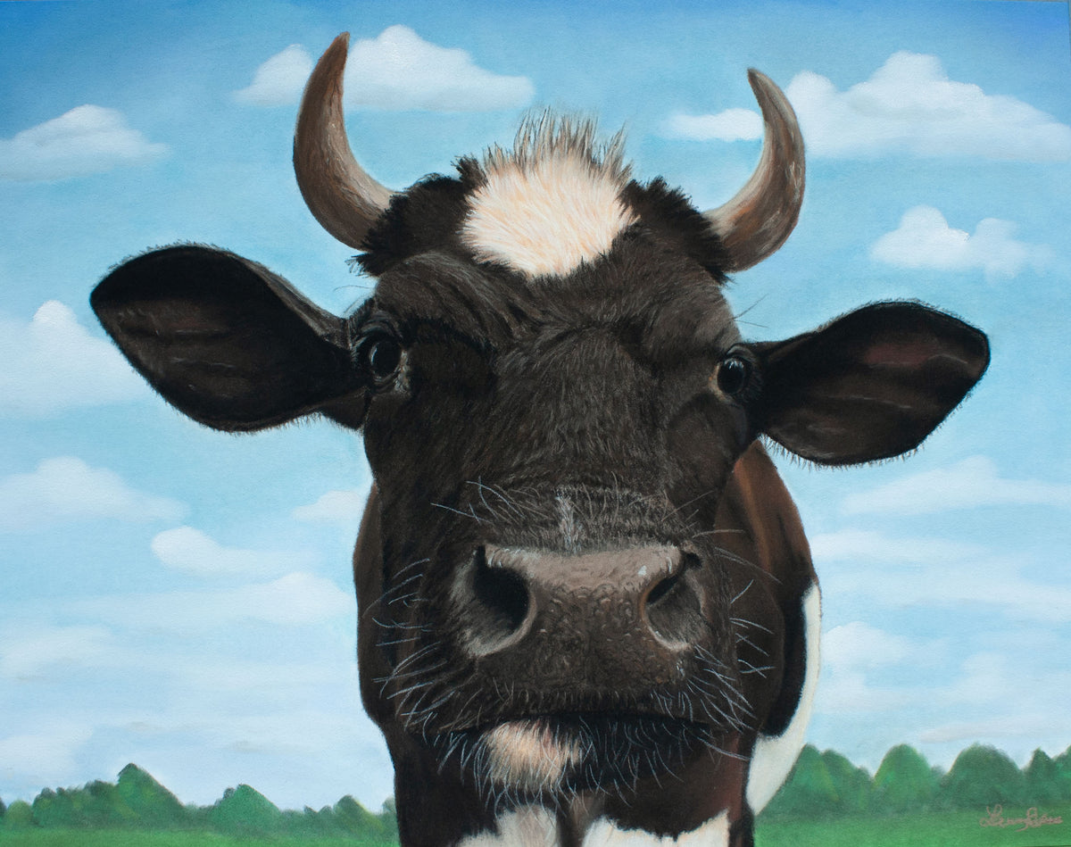 Pastel painting of a brown and white cow looking straight ahead under a cloudy blue sky