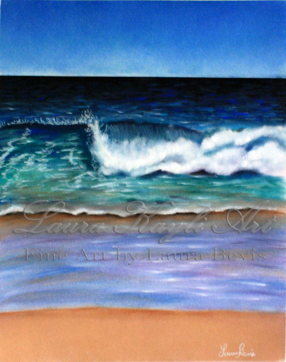 Seascape of a turquoise wave breaking onto a sandy beach under a clear blue sky