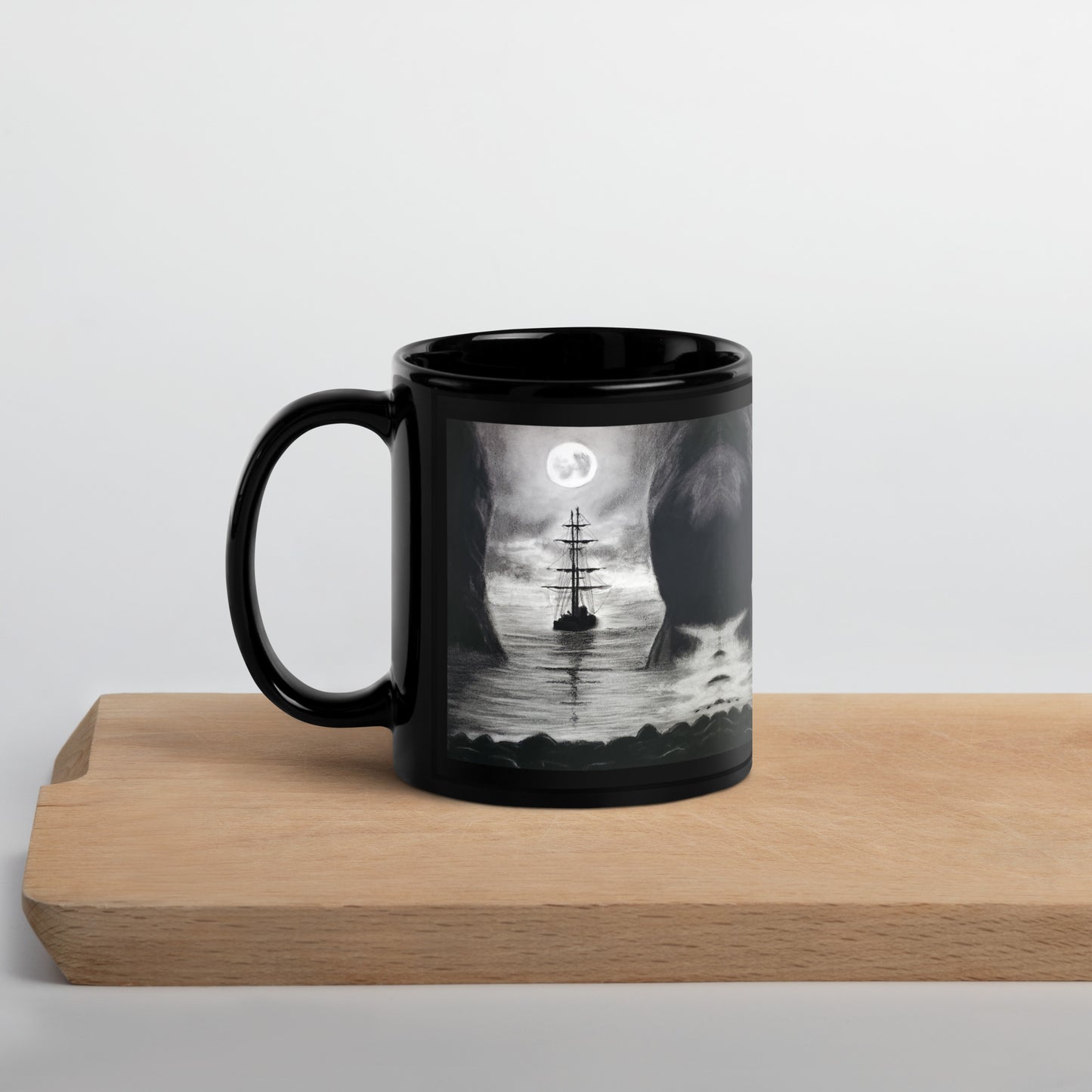 Spooky Pirate Ship Black Glossy Mug