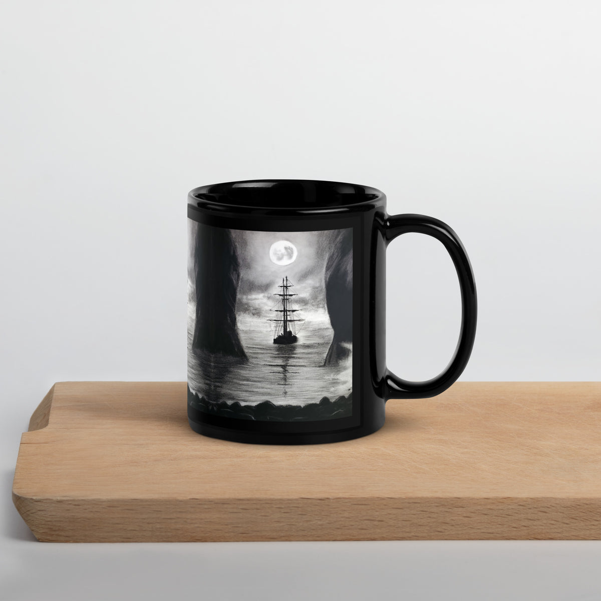Spooky Pirate Ship Black Glossy Mug