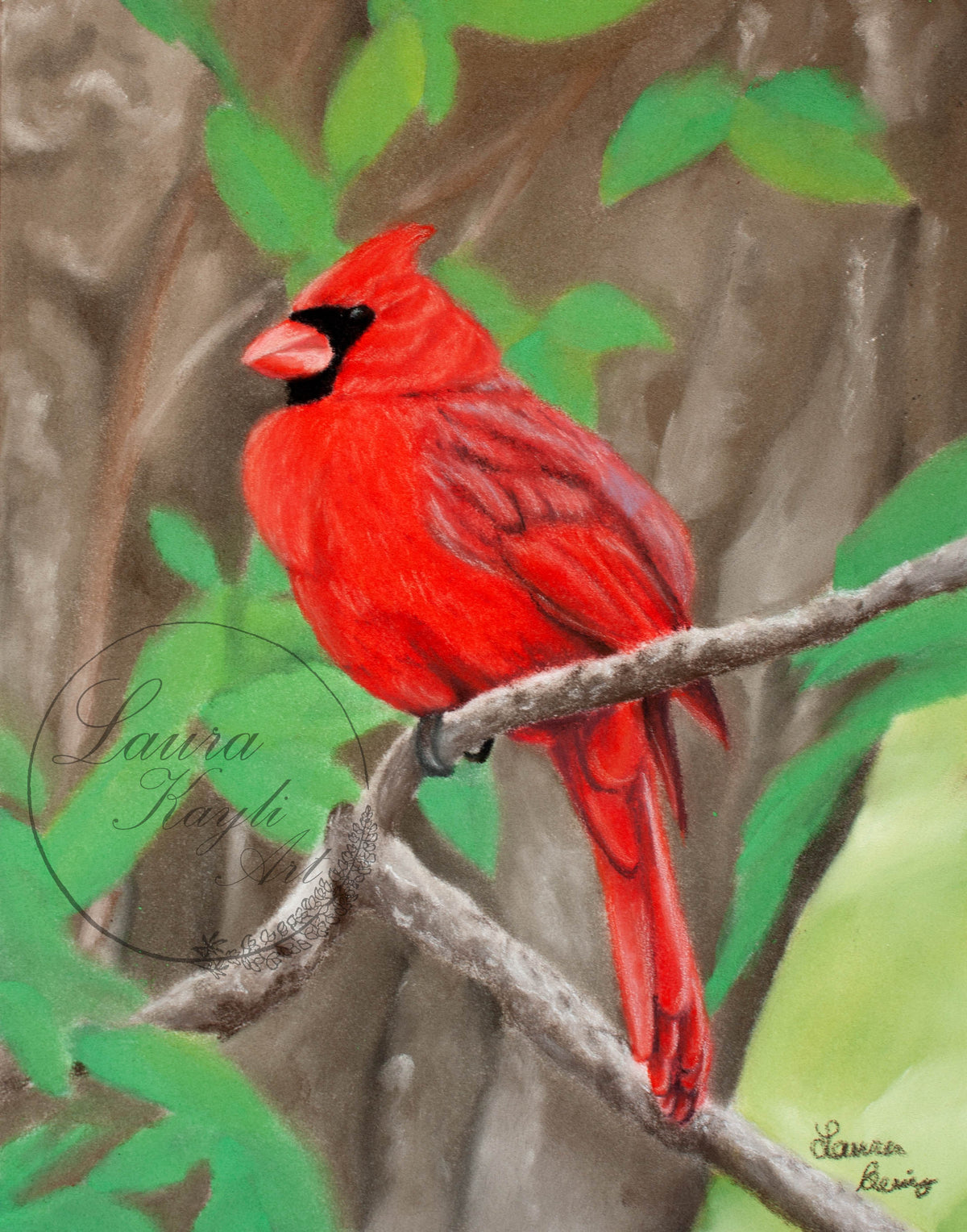 Painting of a red cardinal perched on a branch among green leaves