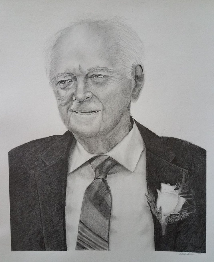 Graphite portrait of an older man smiling in a suit, tie and rose boutonniere