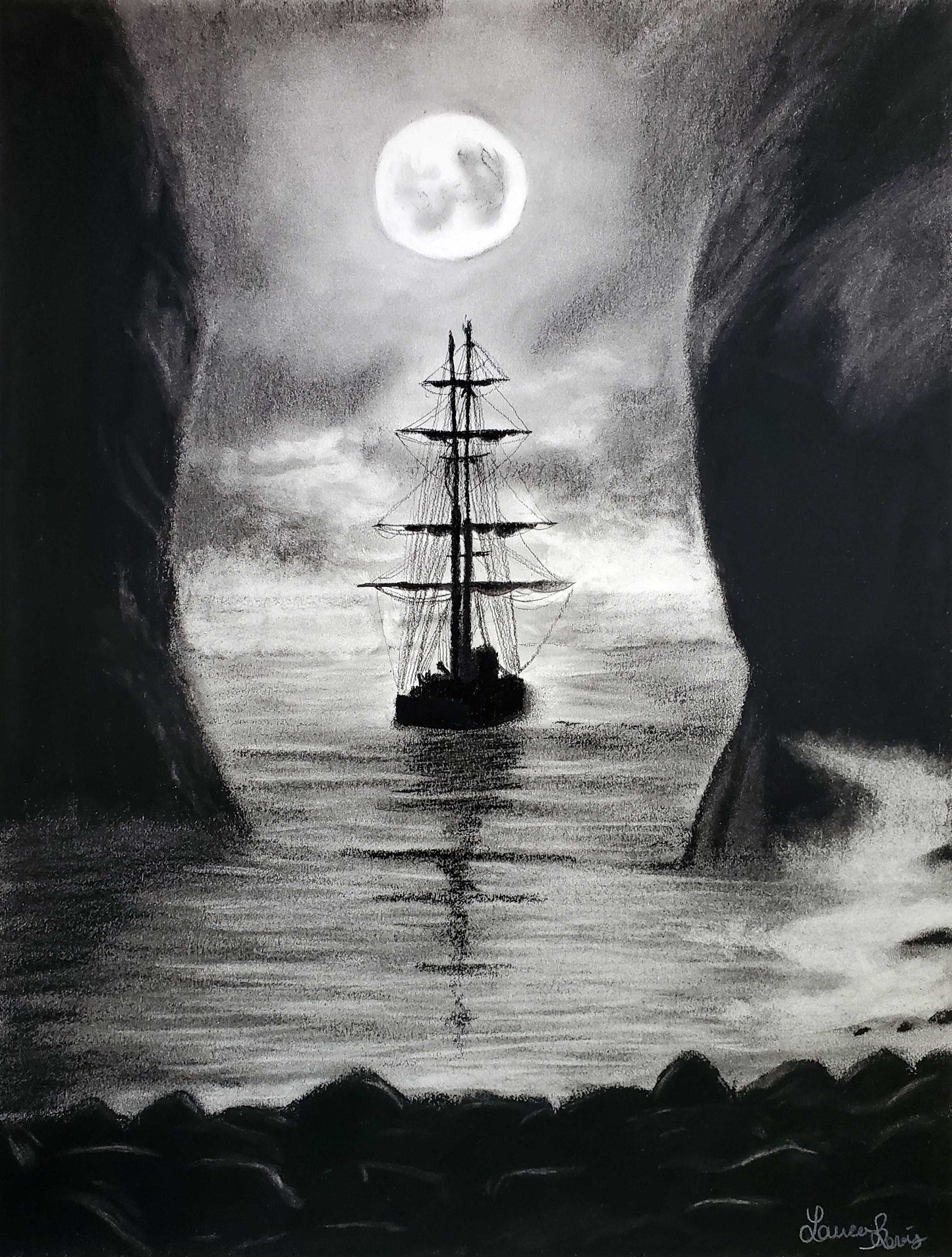 Spooky Pirate Ship Original Charcoal Drawing