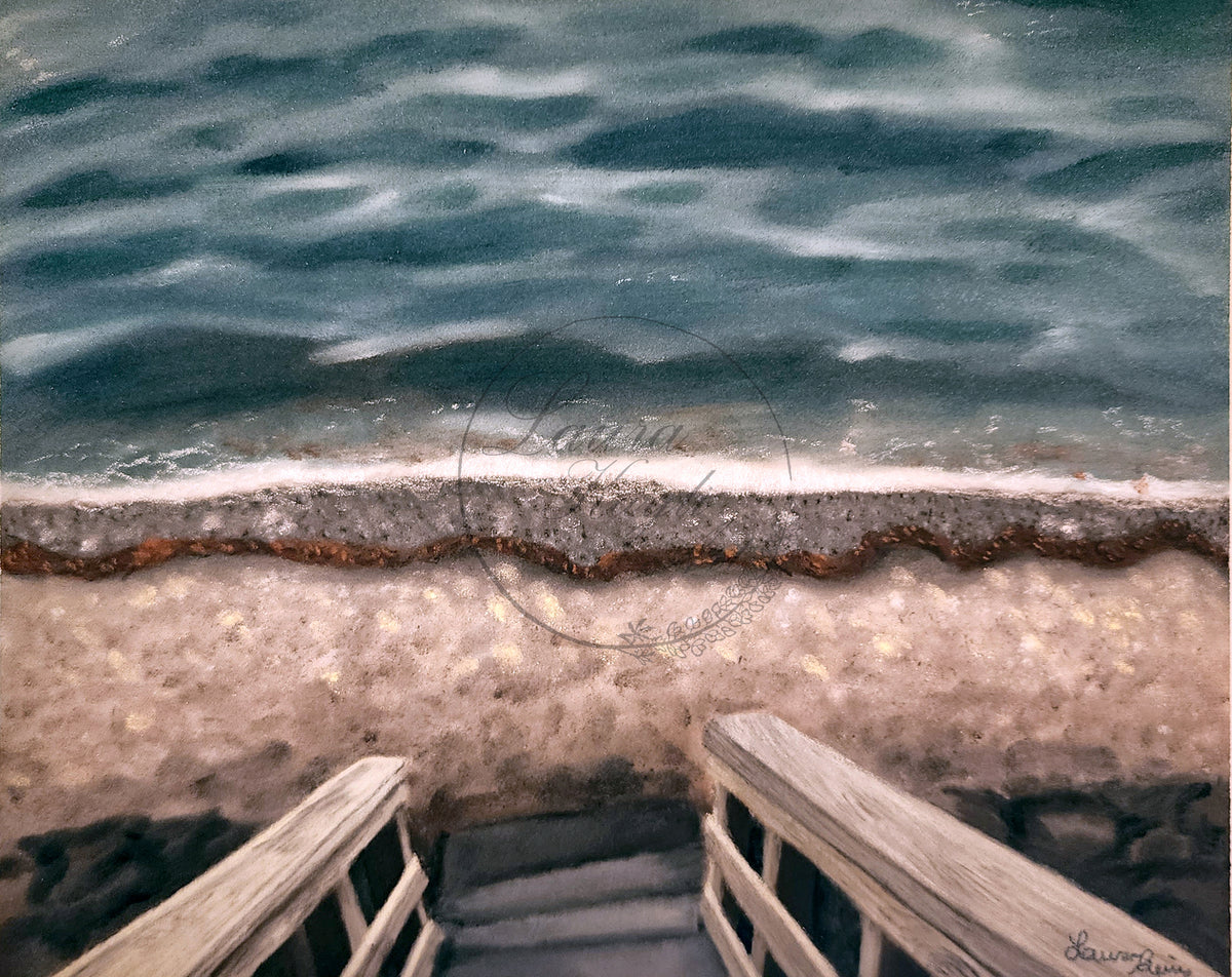 Painting looking down weathered beach stairs to a pebbled shore and gray-green sea