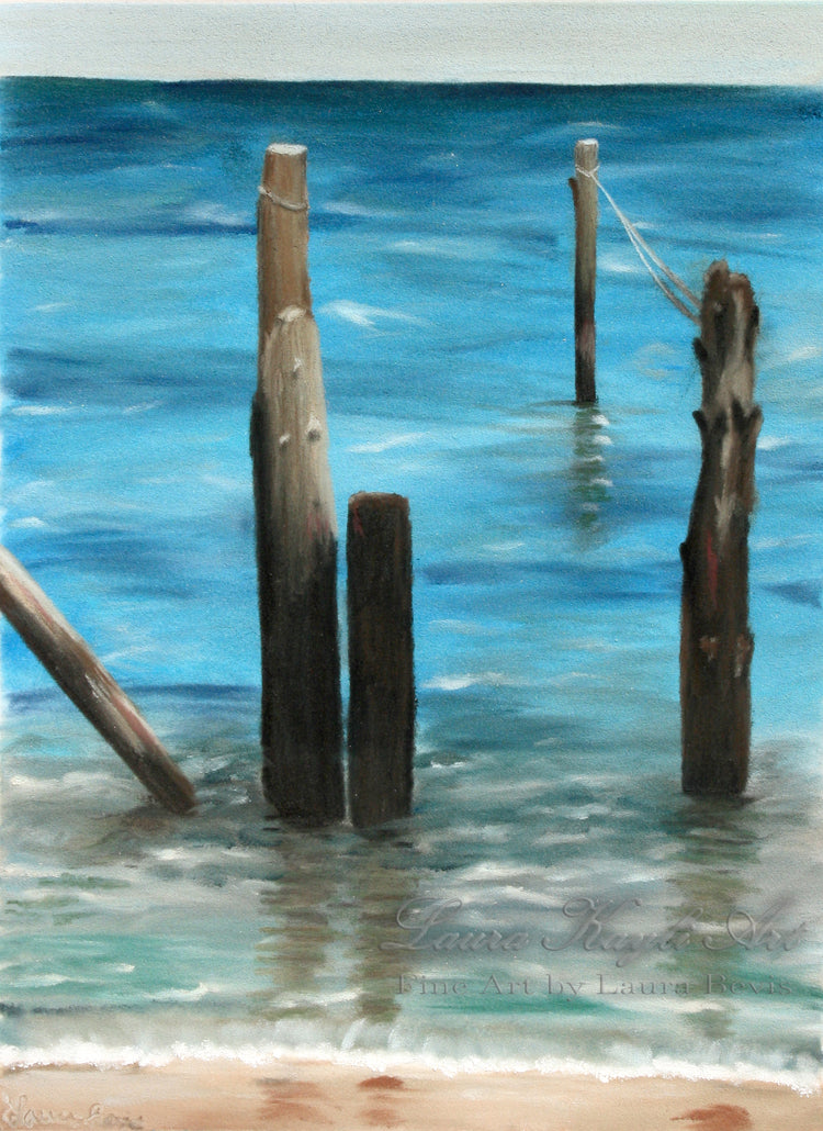 Painting of weathered wooden pilings standing in blue-green water at the shoreline
